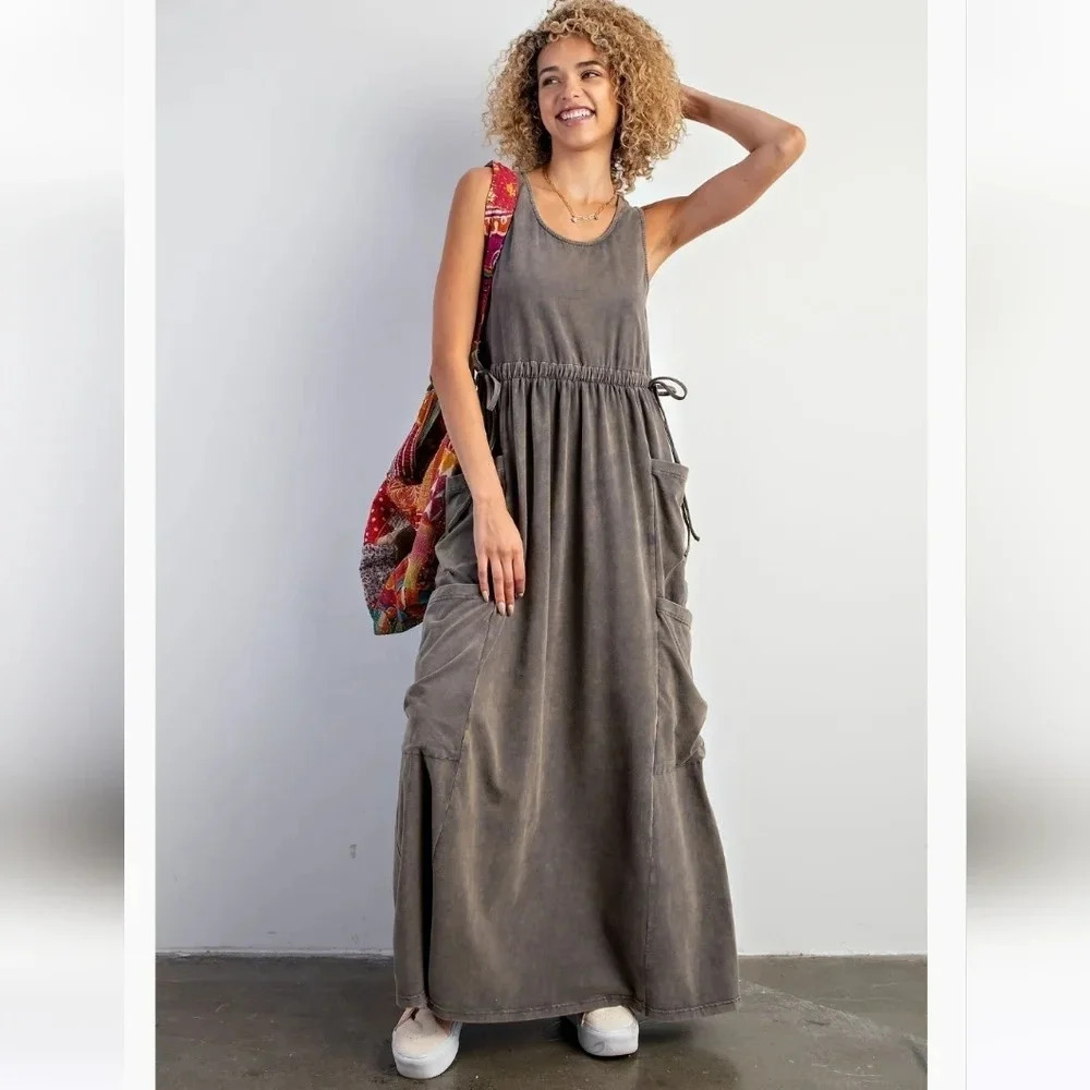 Easel Ash Gray Mineral Washed Cotton Modal Maxi Knit Dress New